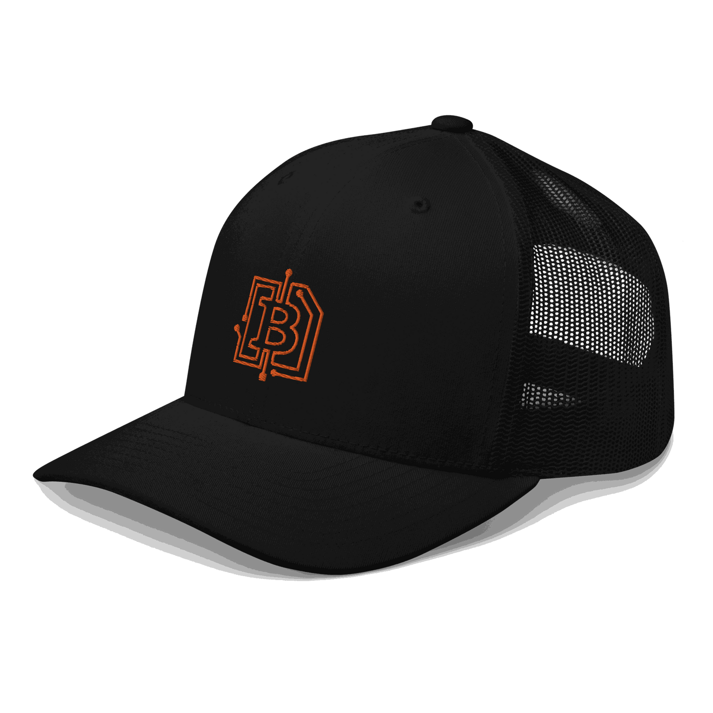 Side view of a black bitcoin trucker cap.