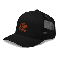 Side view of a black bitcoin trucker cap.