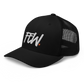 Side view of a black bitcoin trucker cap.