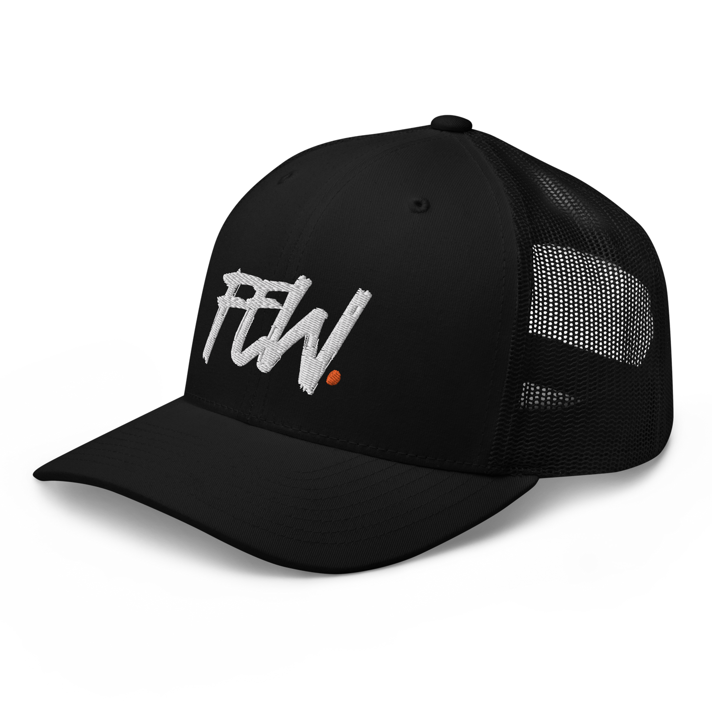 Side view of a black bitcoin trucker cap.