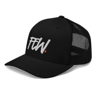 Side view of a black bitcoin trucker cap.