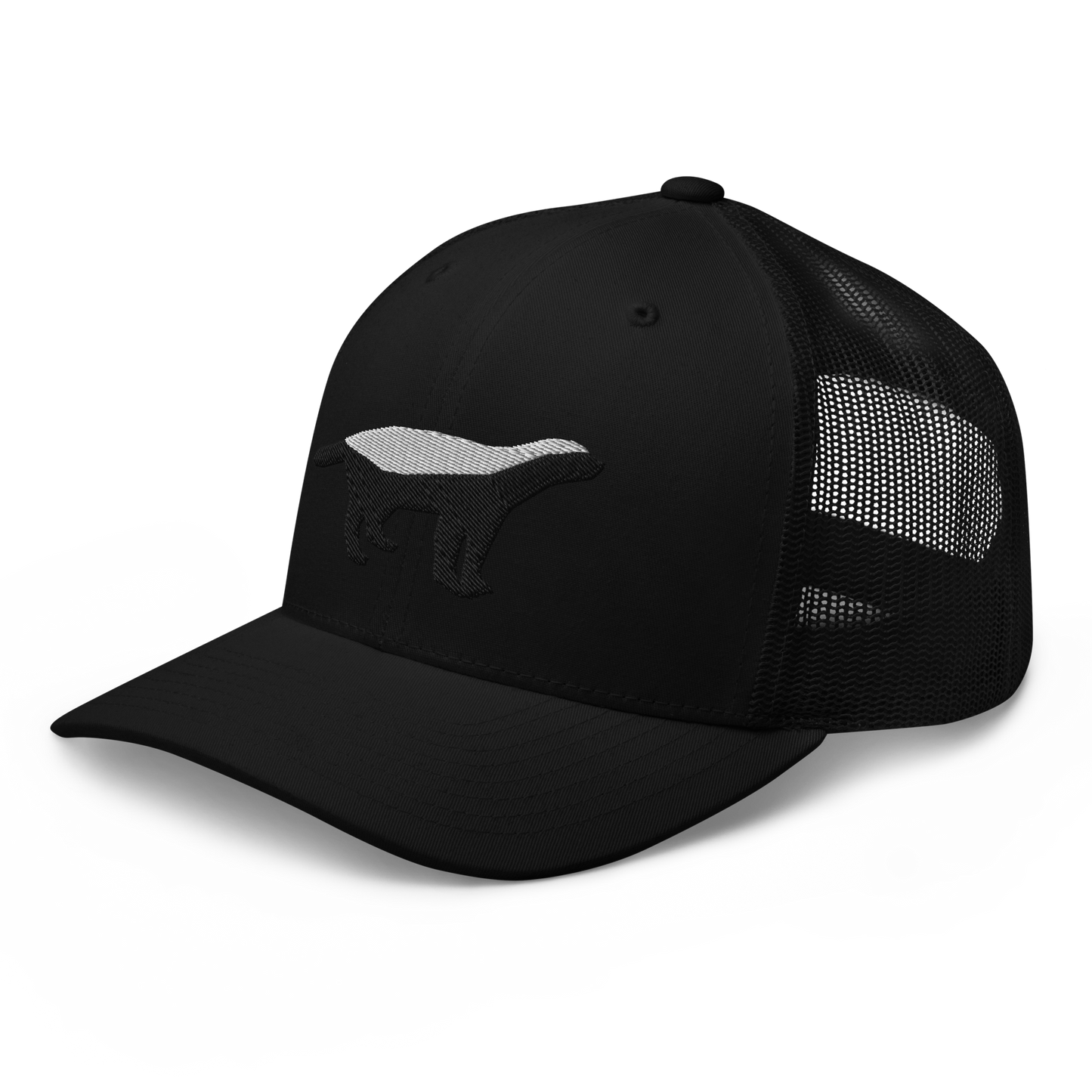 Side view of a black bitcoin trucker cap.