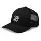 Side view of a black bitcoin trucker cap.