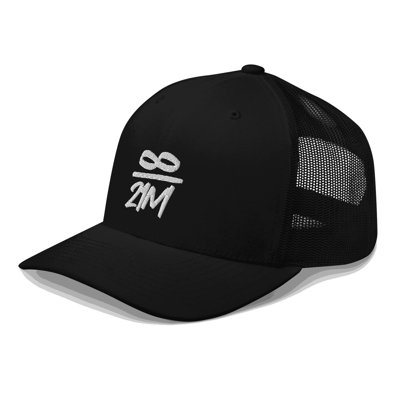 Side view of a black bitcoin trucker cap.