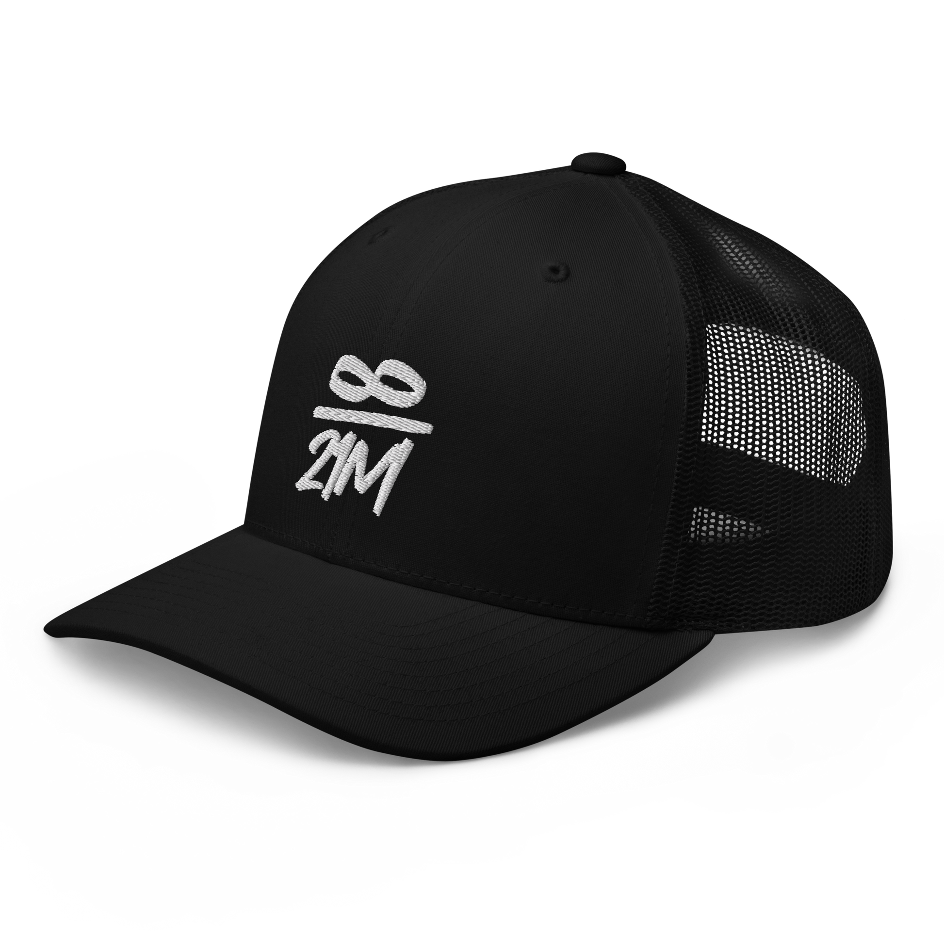 Side view of a black bitcoin trucker cap.