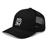 Side view of a black bitcoin trucker cap.