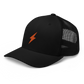 Side view of a black bitcoin trucker cap.