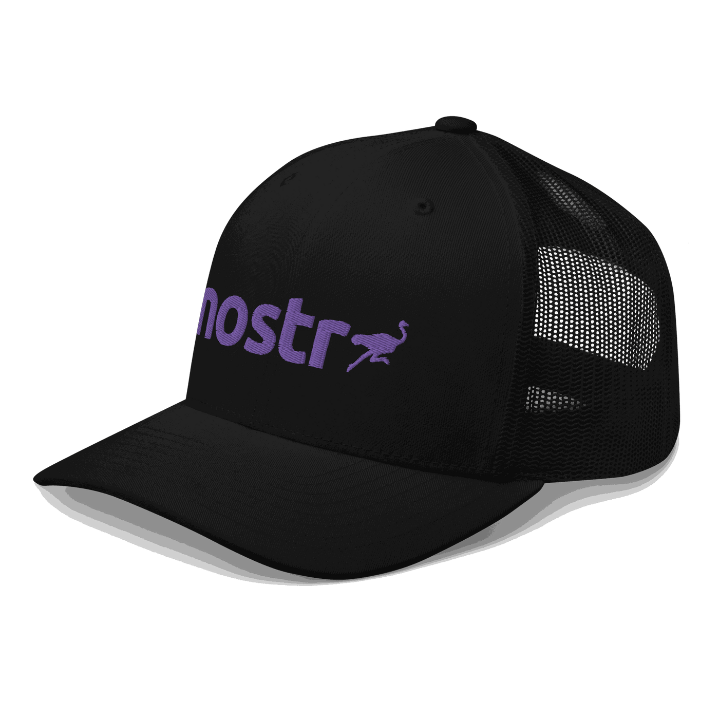 Side view of a black bitcoin trucker cap.