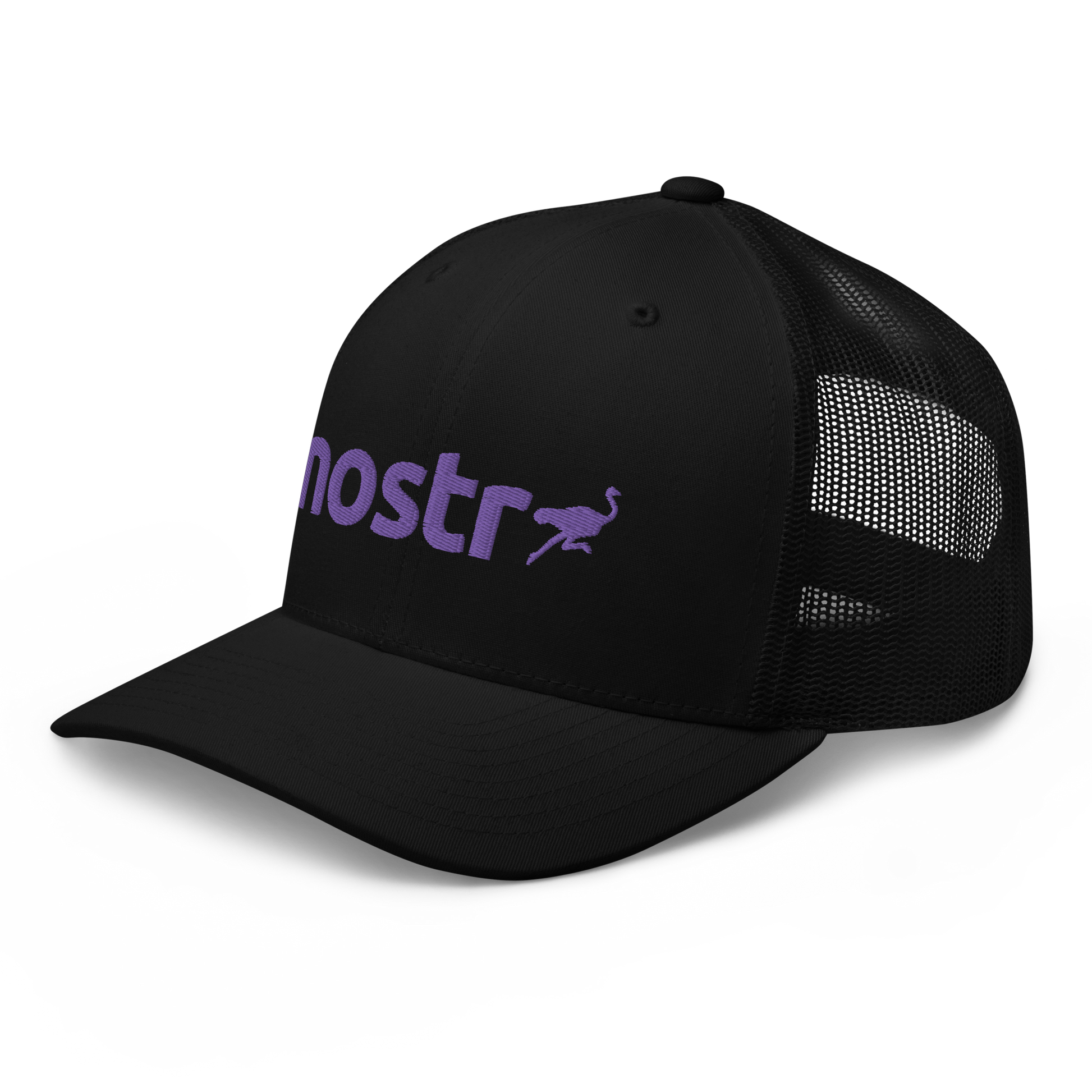 Side view of a black bitcoin trucker cap.