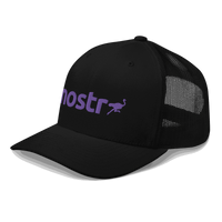Side view of a black bitcoin trucker cap.