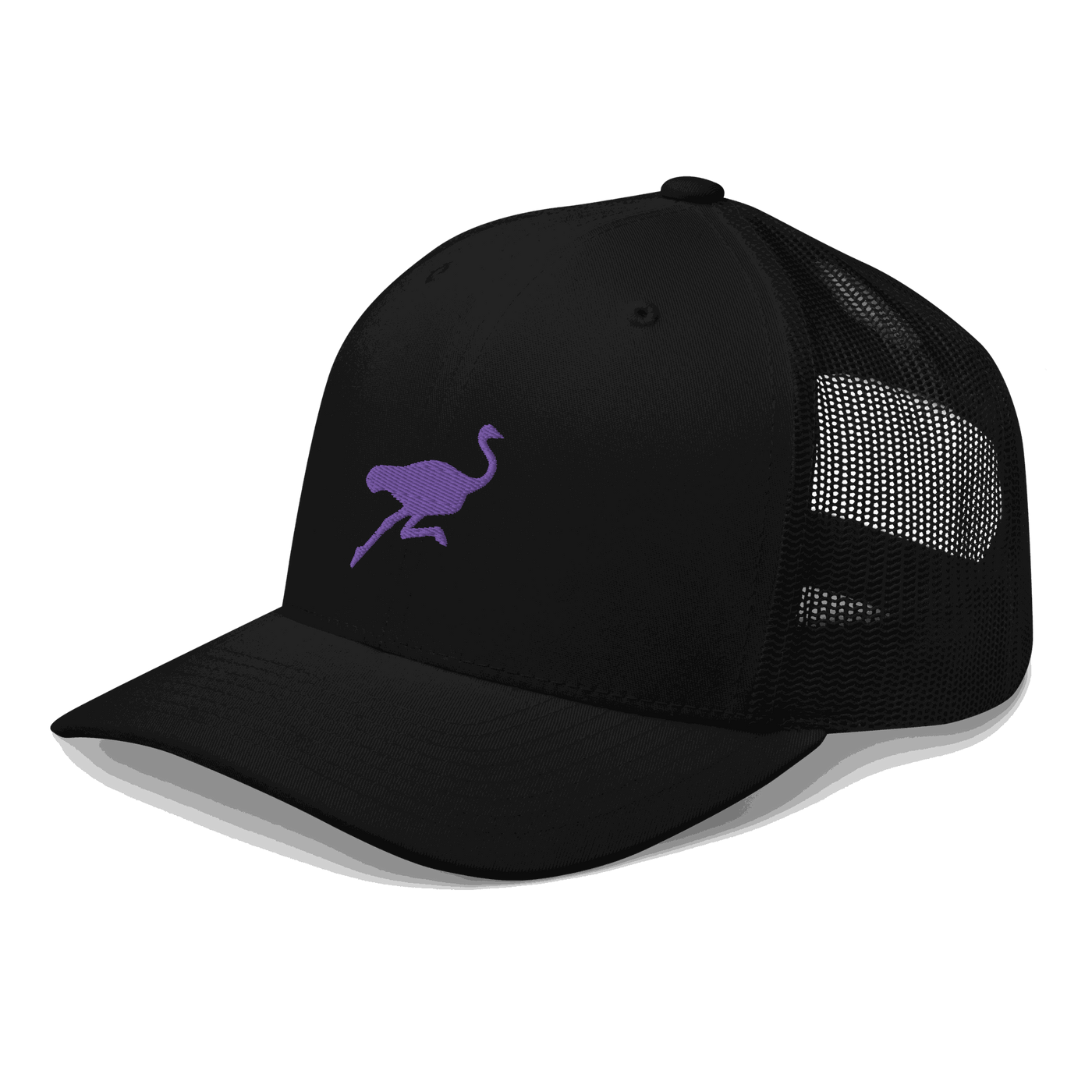 Side view of a black bitcoin trucker cap.