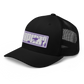 Side view of a black bitcoin trucker cap.