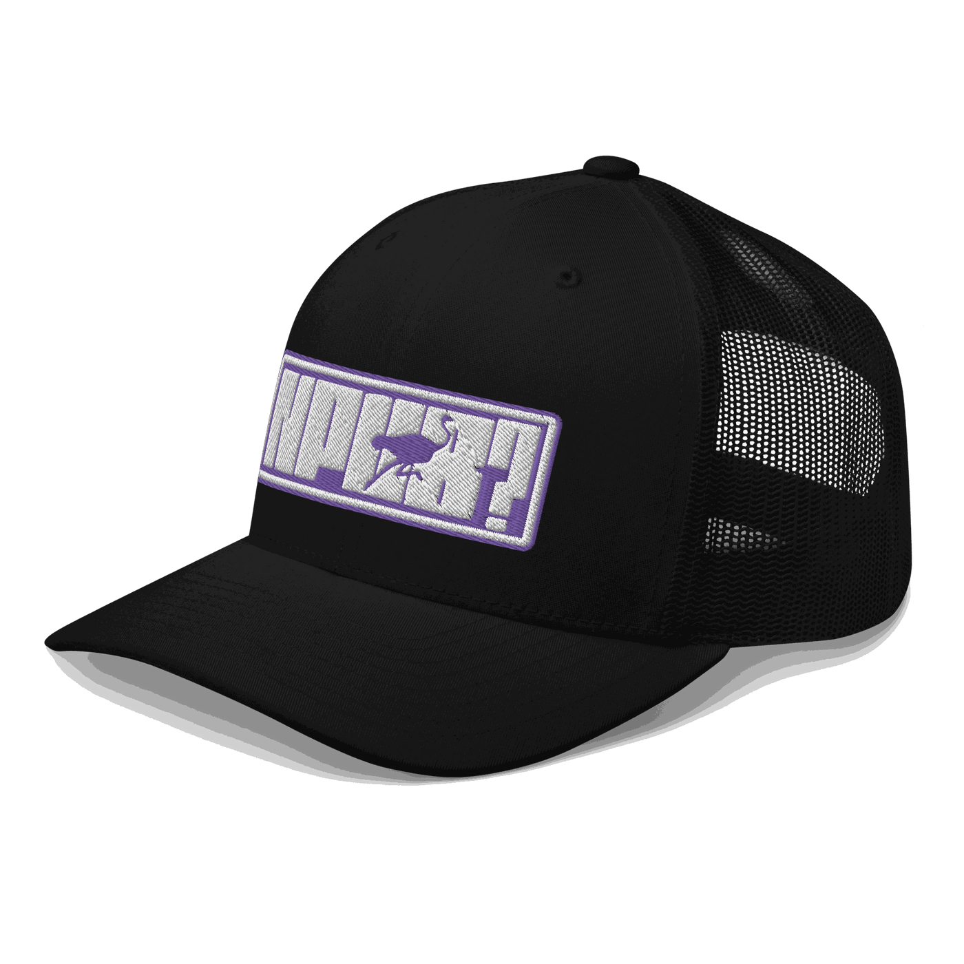 Side view of a black bitcoin trucker cap.