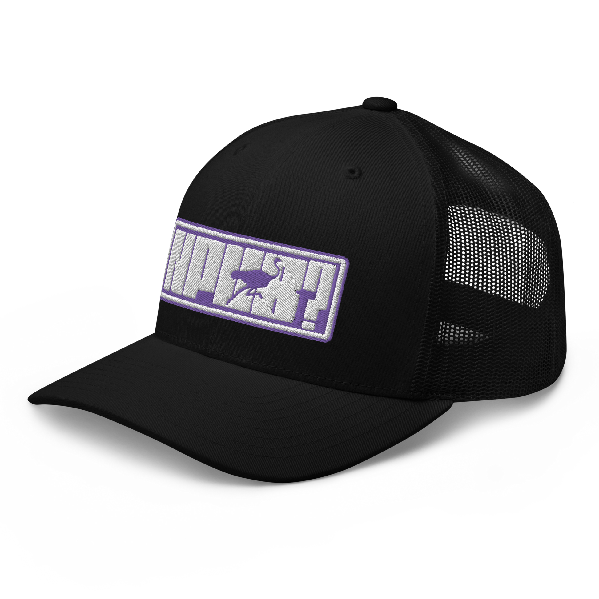 Side view of a black bitcoin trucker cap.