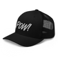 Side view of a black bitcoin trucker cap.