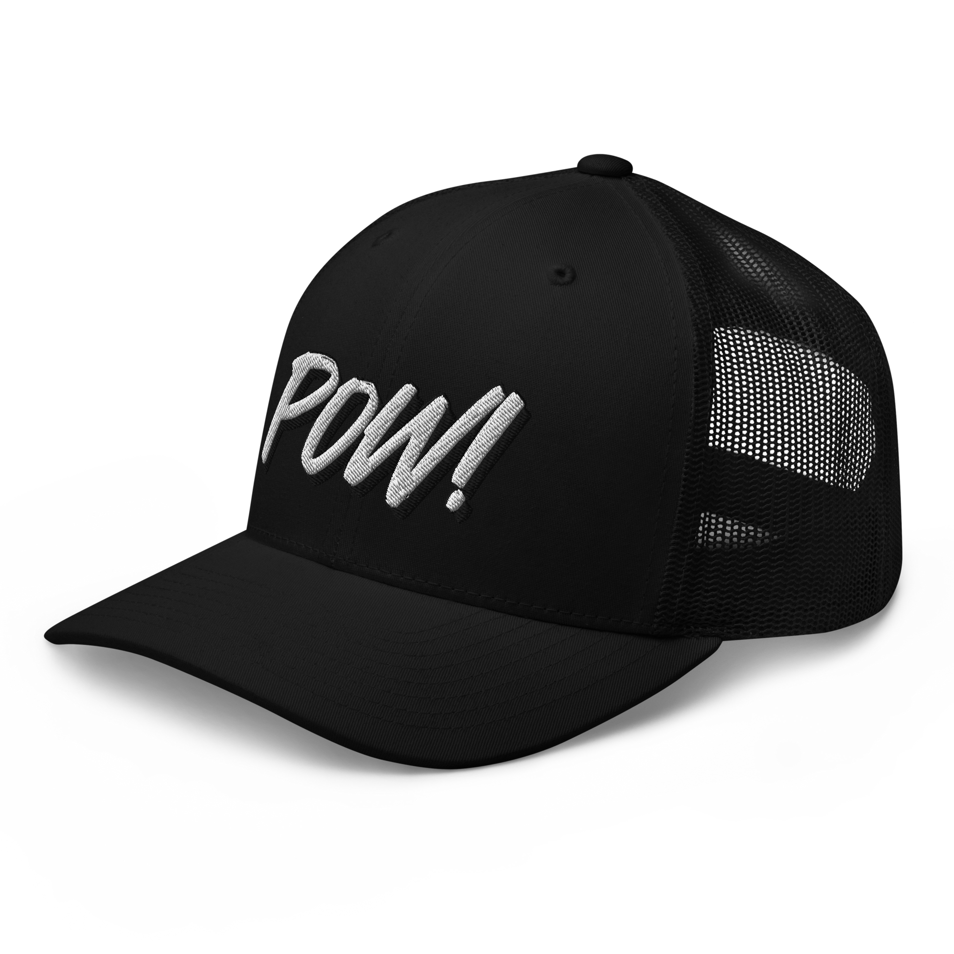 Side view of a black bitcoin trucker cap.