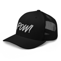 Side view of a black bitcoin trucker cap.
