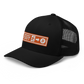 Side view of a black bitcoin trucker cap.