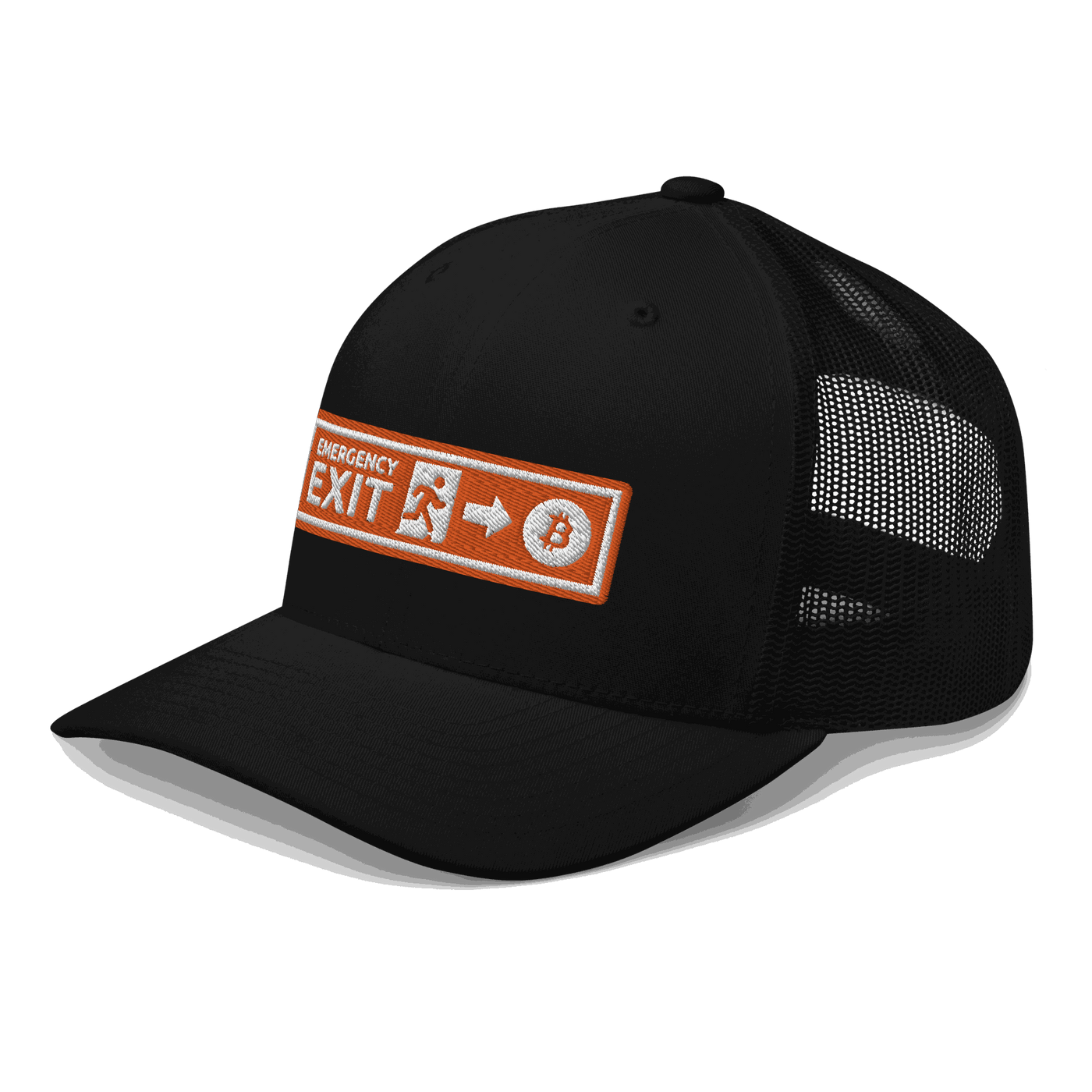 Side view of a black bitcoin trucker cap.