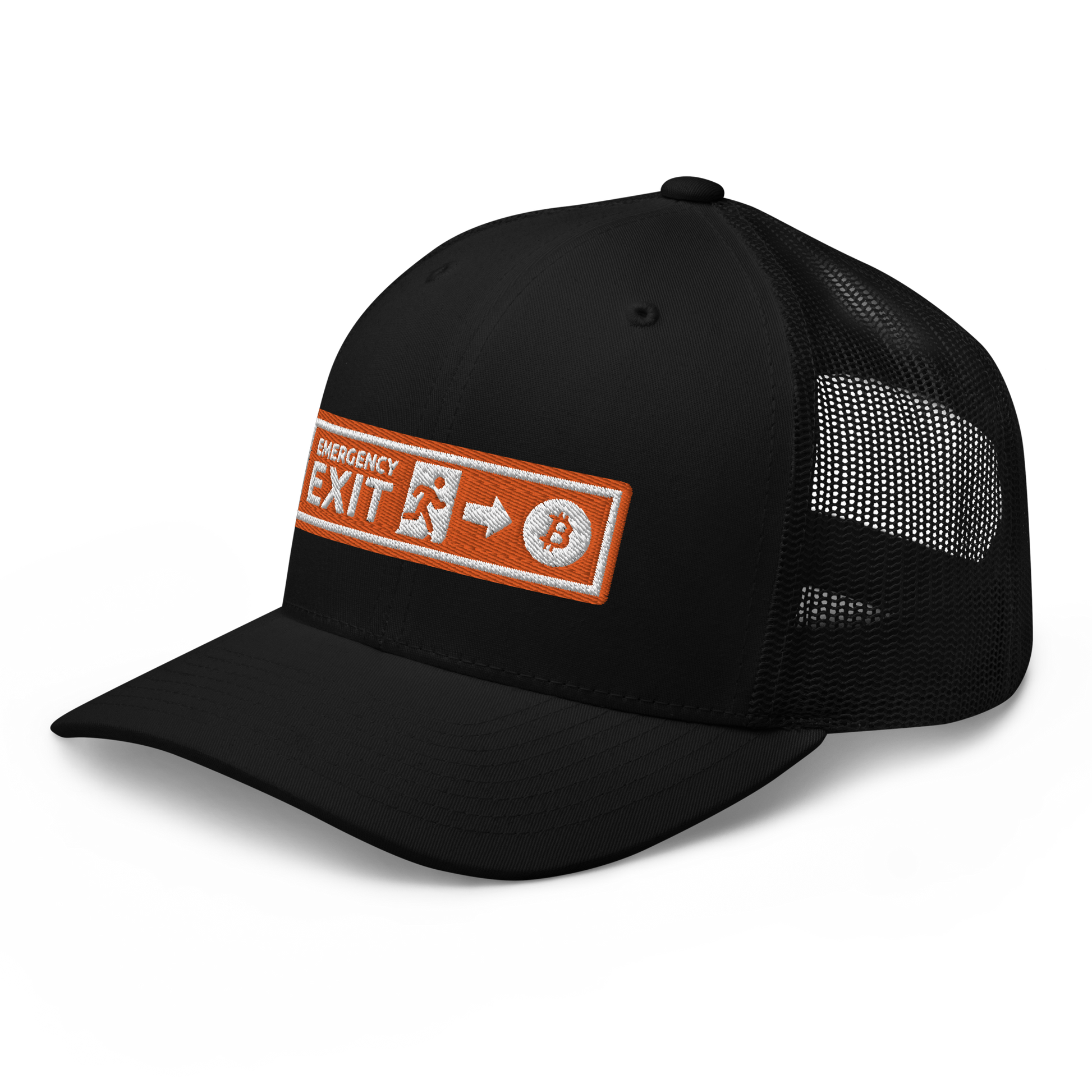 Side view of a black bitcoin trucker cap.