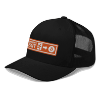 Side view of a black bitcoin trucker cap.