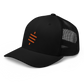 Side view of a black bitcoin trucker cap.