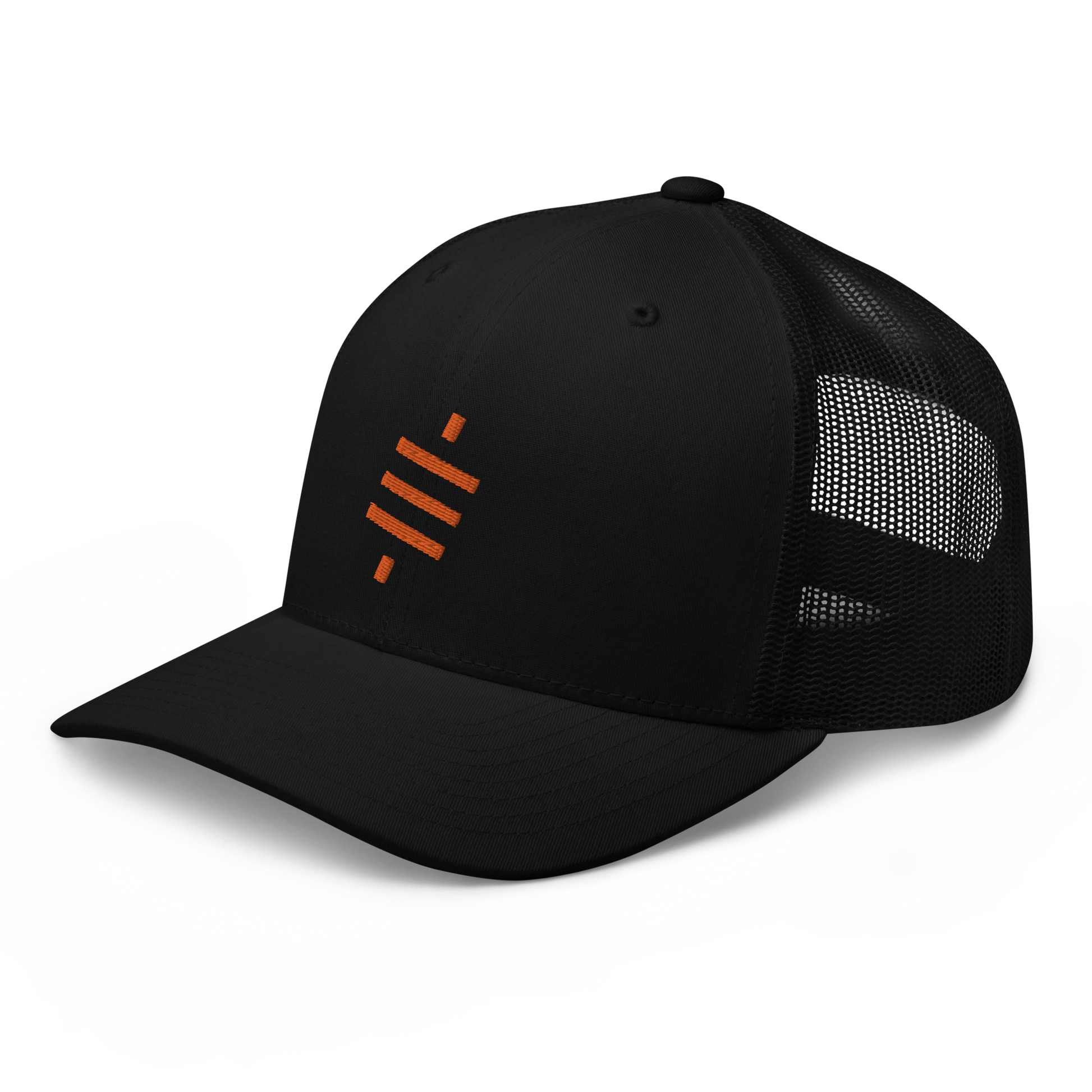 Side view of a black bitcoin trucker cap.