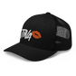 Side view of a black bitcoin trucker cap.