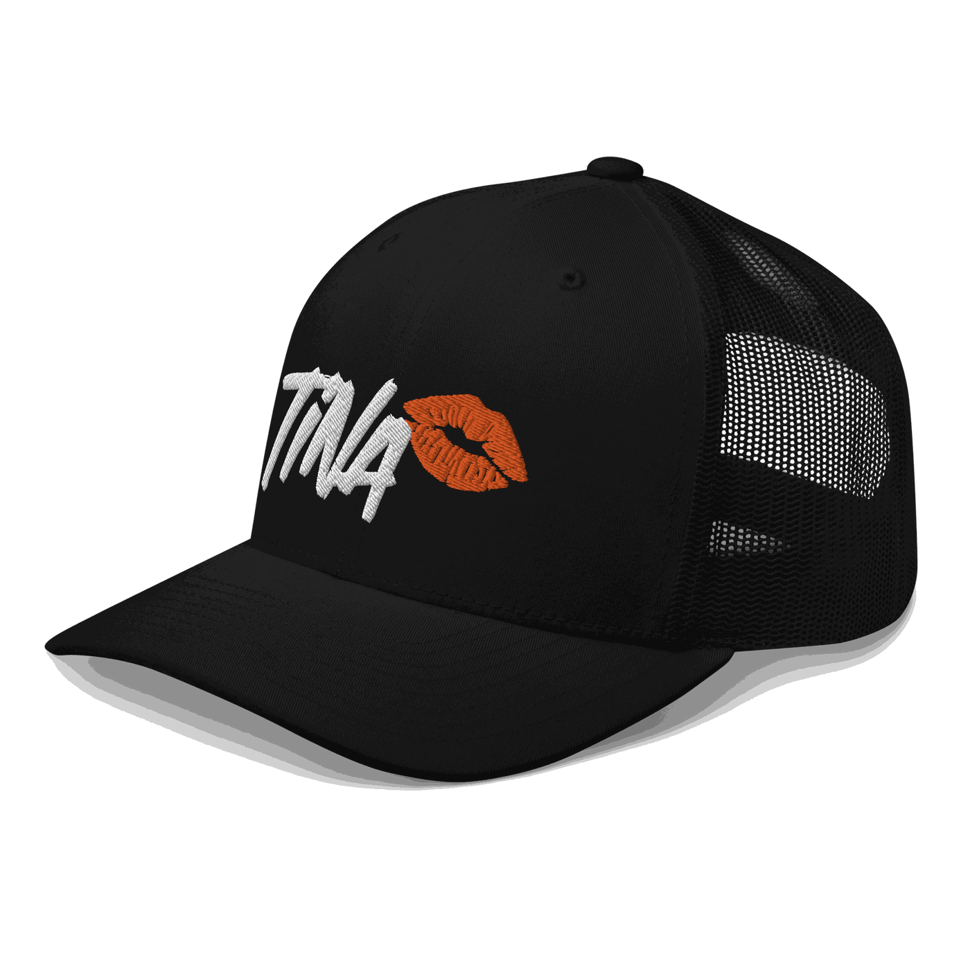 Side view of a black bitcoin trucker cap.