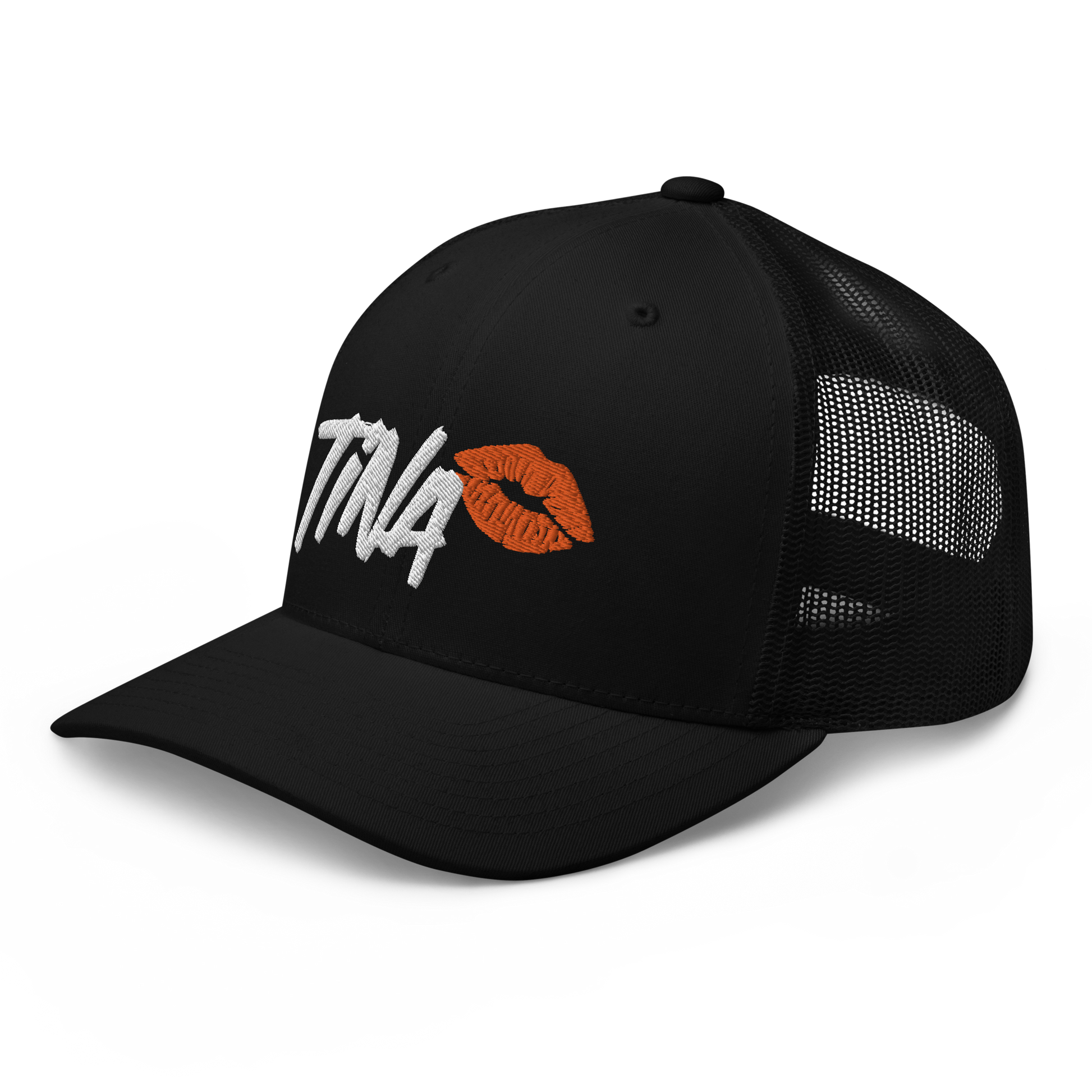 Side view of a black bitcoin trucker cap.