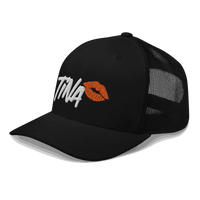 Side view of a black bitcoin trucker cap.