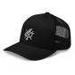 Side view of a black bitcoin trucker cap.