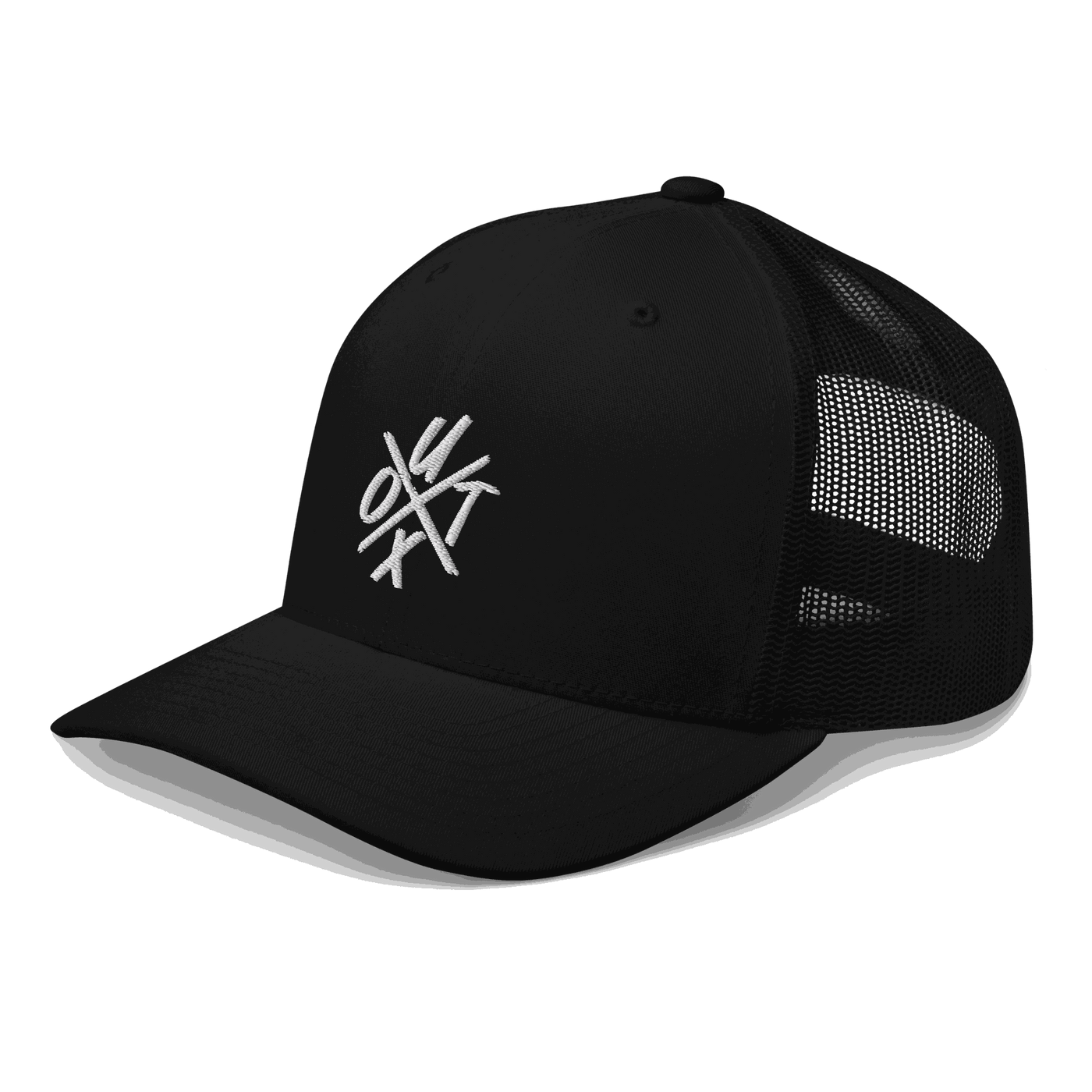 Side view of a black bitcoin trucker cap.