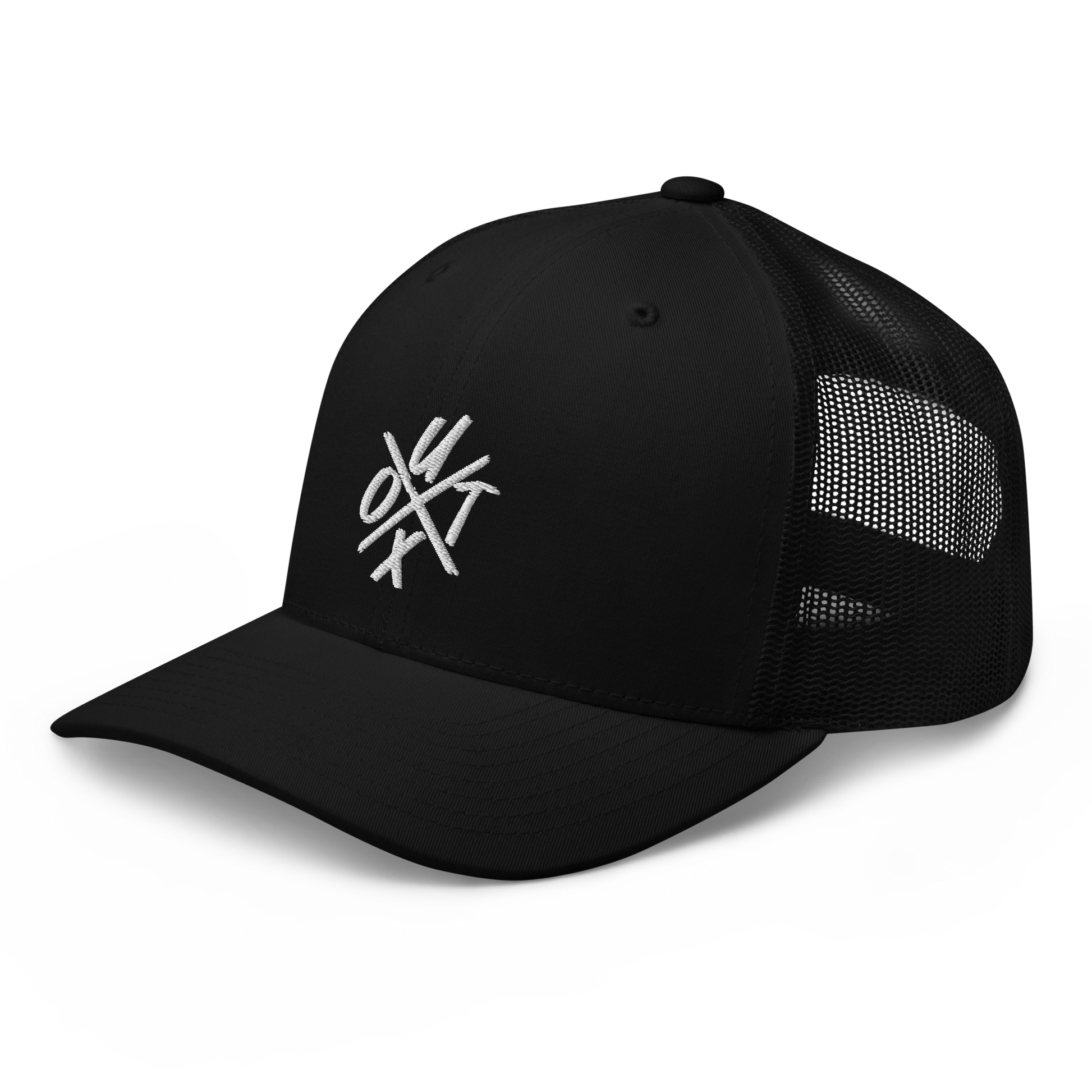 Side view of a black bitcoin trucker cap.