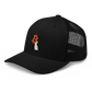 Side view of a black bitcoin trucker cap.