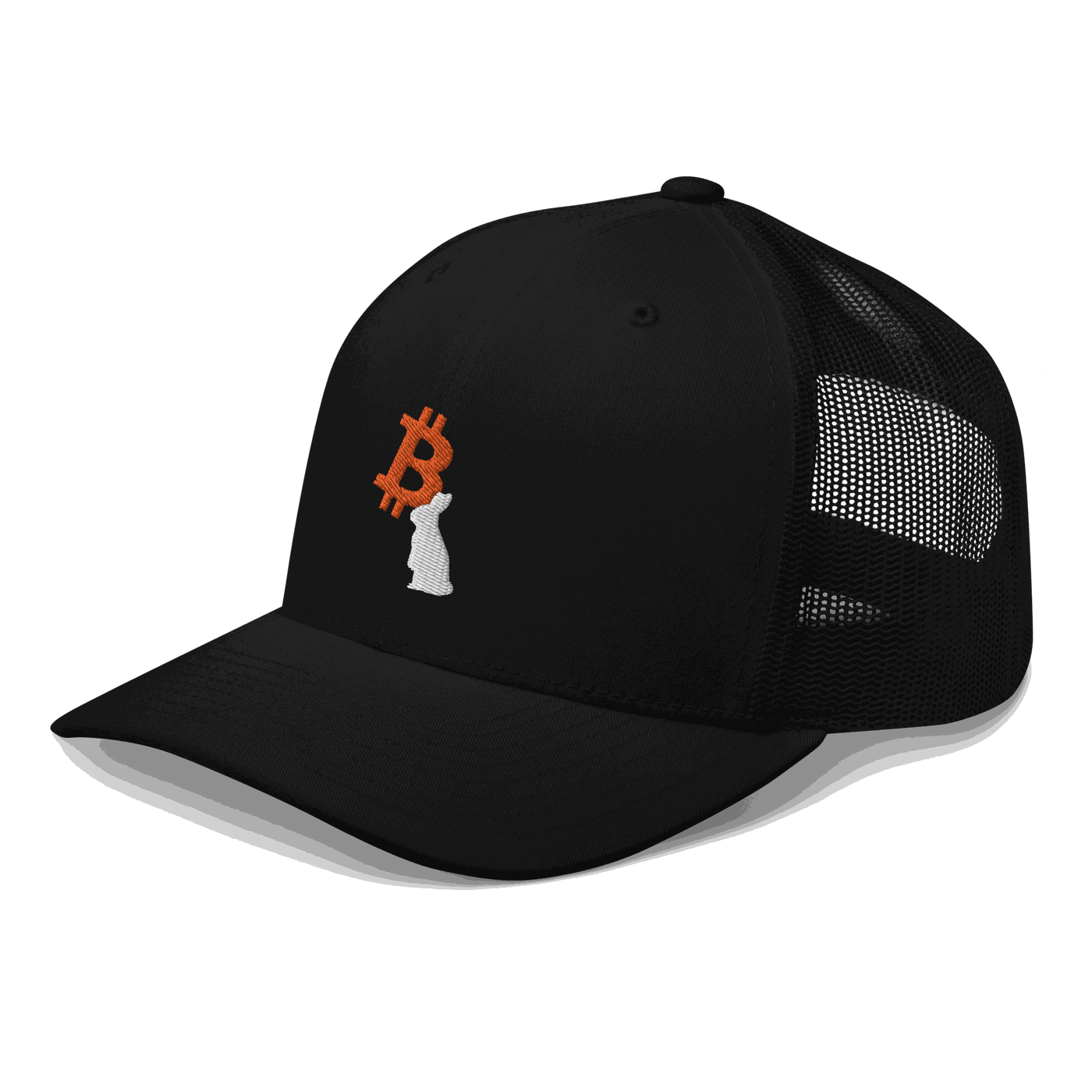 Side view of a black bitcoin trucker cap.