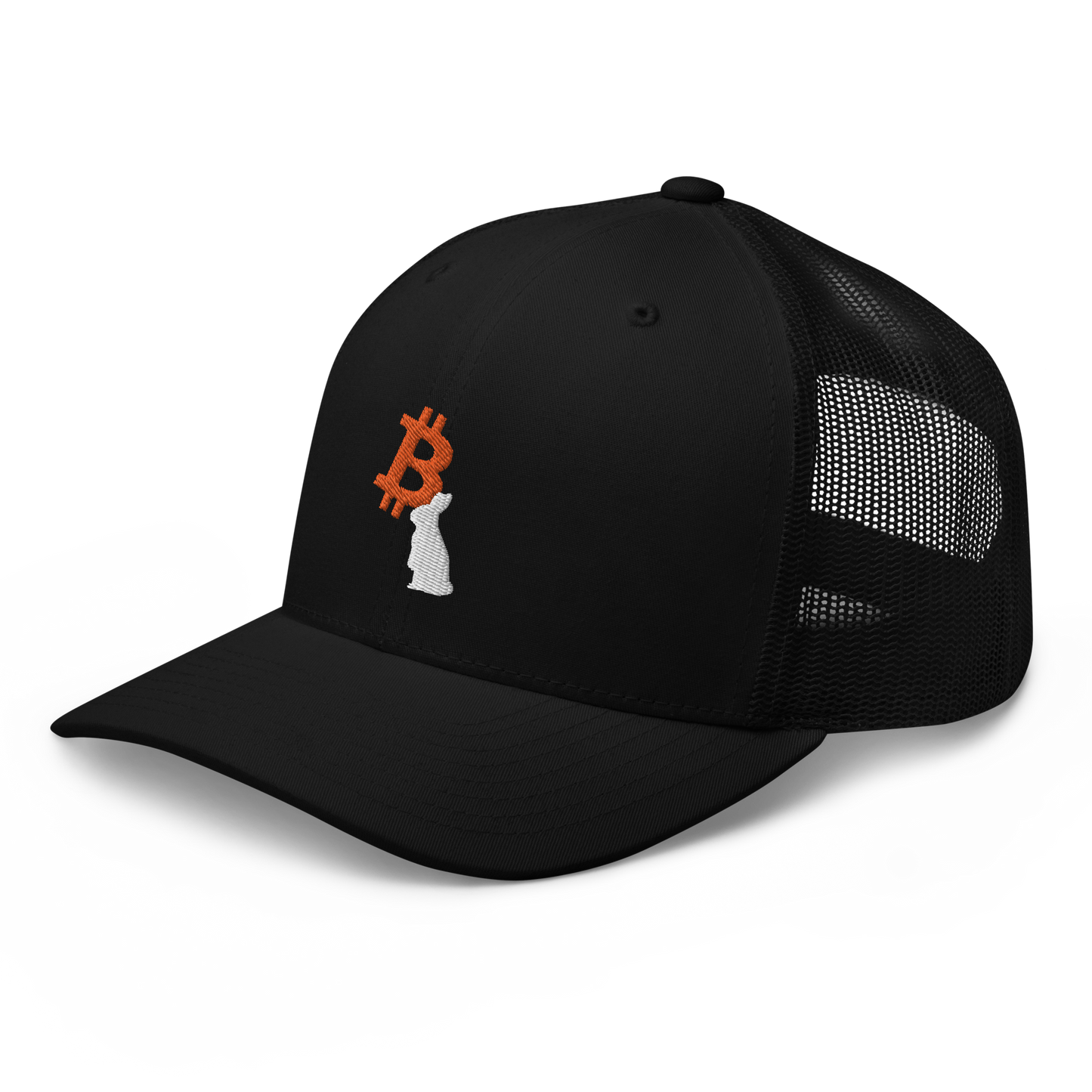 Side view of a black bitcoin trucker cap.