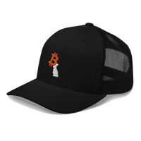 Side view of a black bitcoin trucker cap.