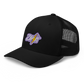 Side view of a black bitcoin trucker cap.