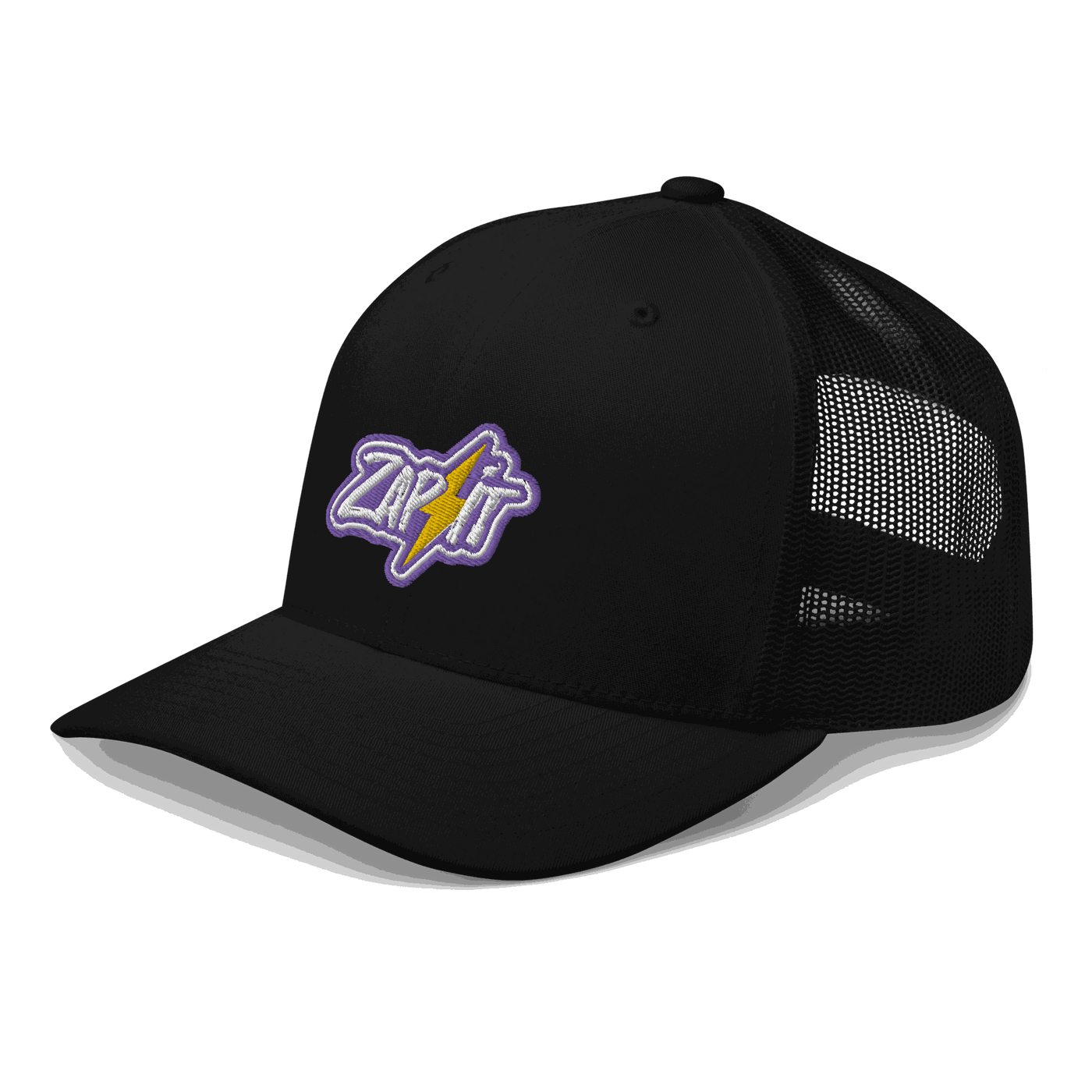Side view of a black bitcoin trucker cap.