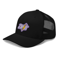 Side view of a black bitcoin trucker cap.