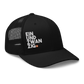 Side view of a black bitcoin trucker cap.