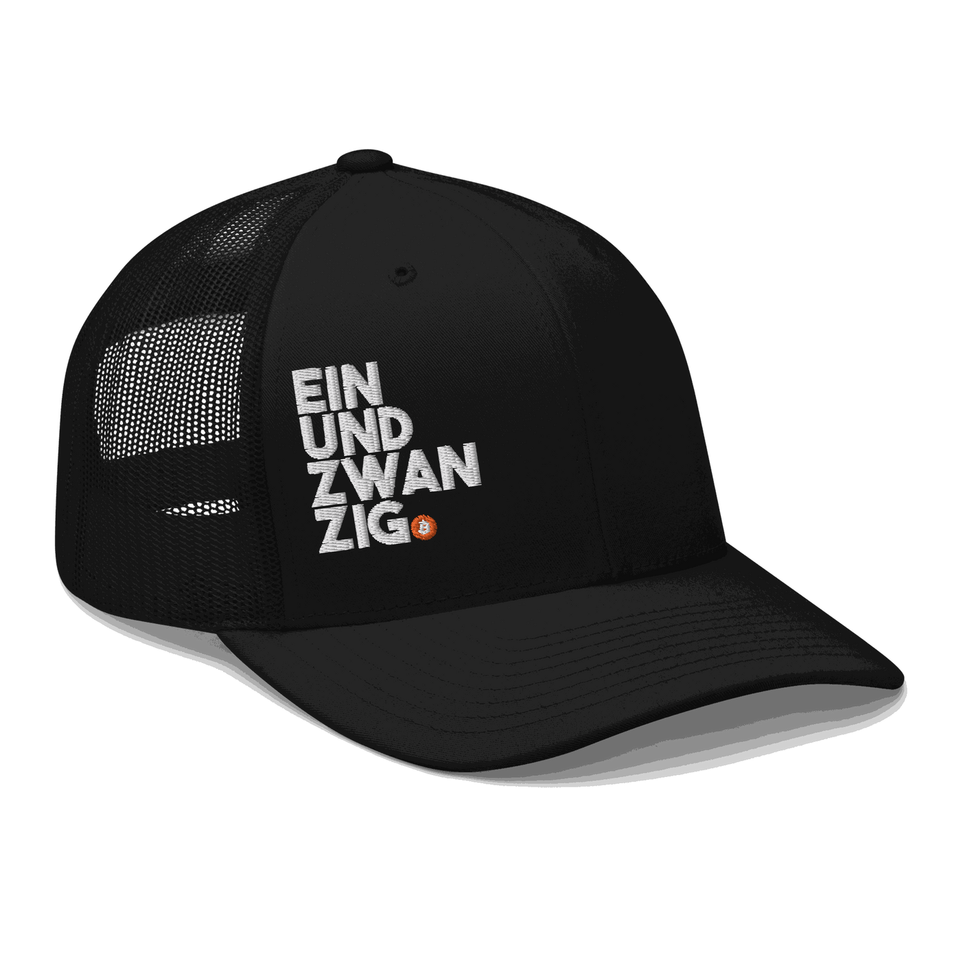 Black six-panel Bitcoin trucker cap with mesh back and embroidered logo