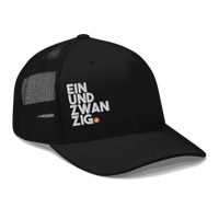 Black six-panel Bitcoin trucker cap with mesh back and embroidered logo
