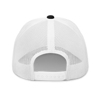 Sats symbol bitcoin trucker cap in Black/ White, back view.