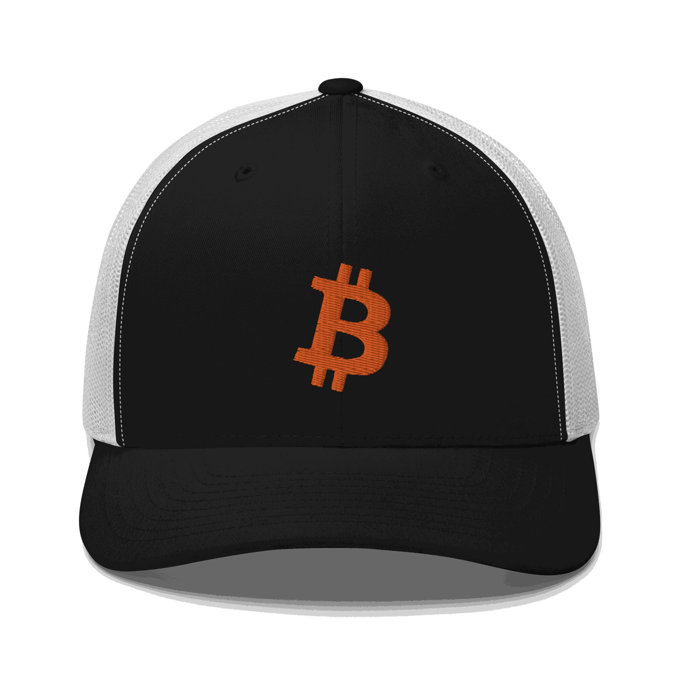 Front view of a black and white bitcoin trucker cap.