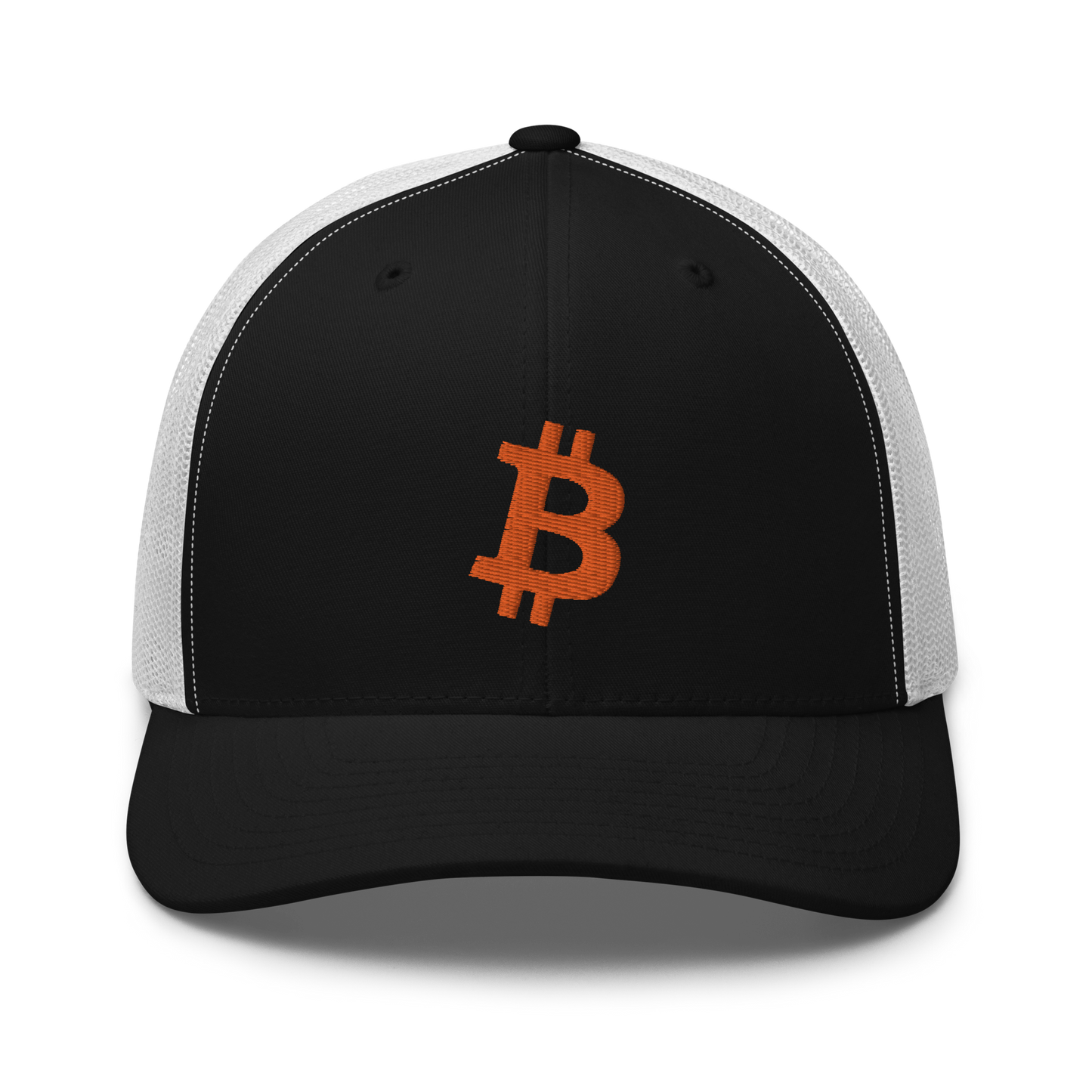 Front view of a black and white bitcoin trucker cap.