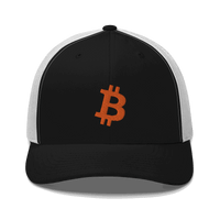 Front view of a black and white bitcoin trucker cap.