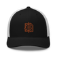 Front view of a black and white bitcoin trucker cap.