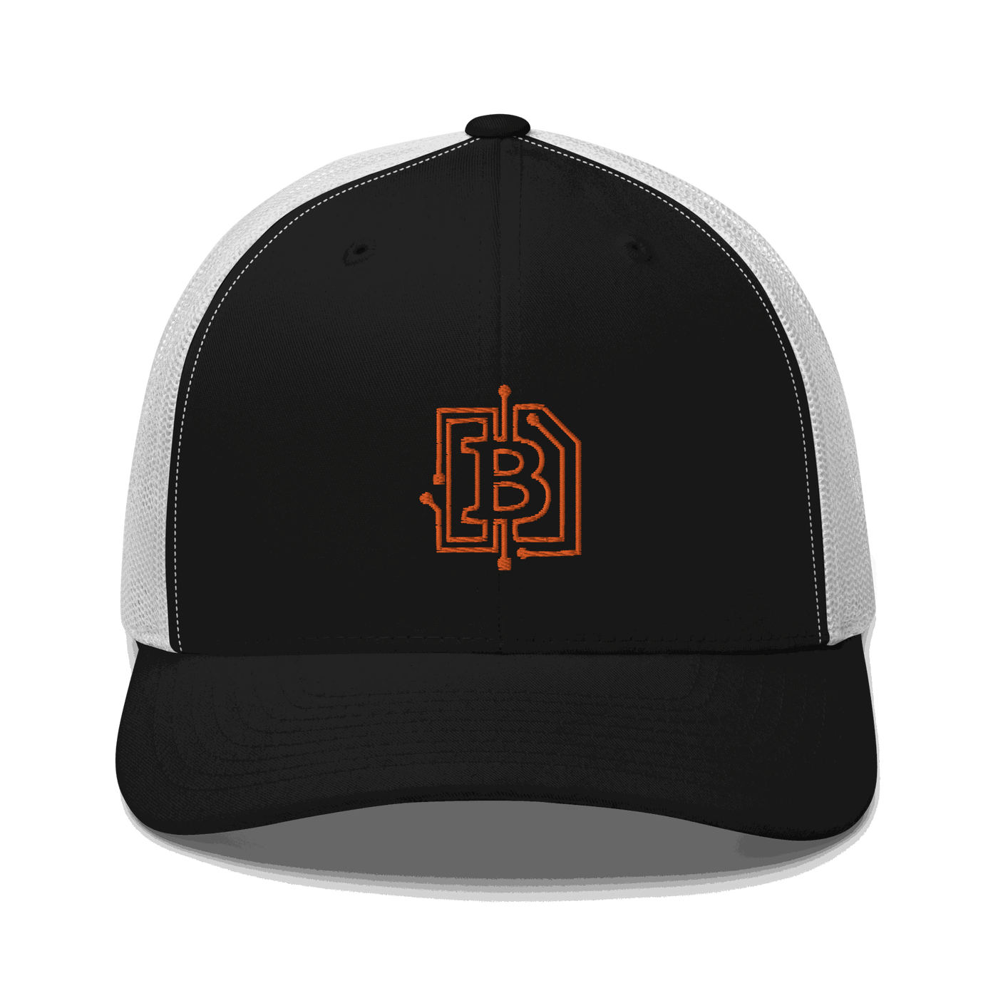 Front view of a black and white bitcoin trucker cap.